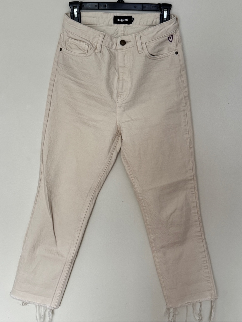 Desigual Women's Cream Boyfriend Jeans with Embroidered Heart